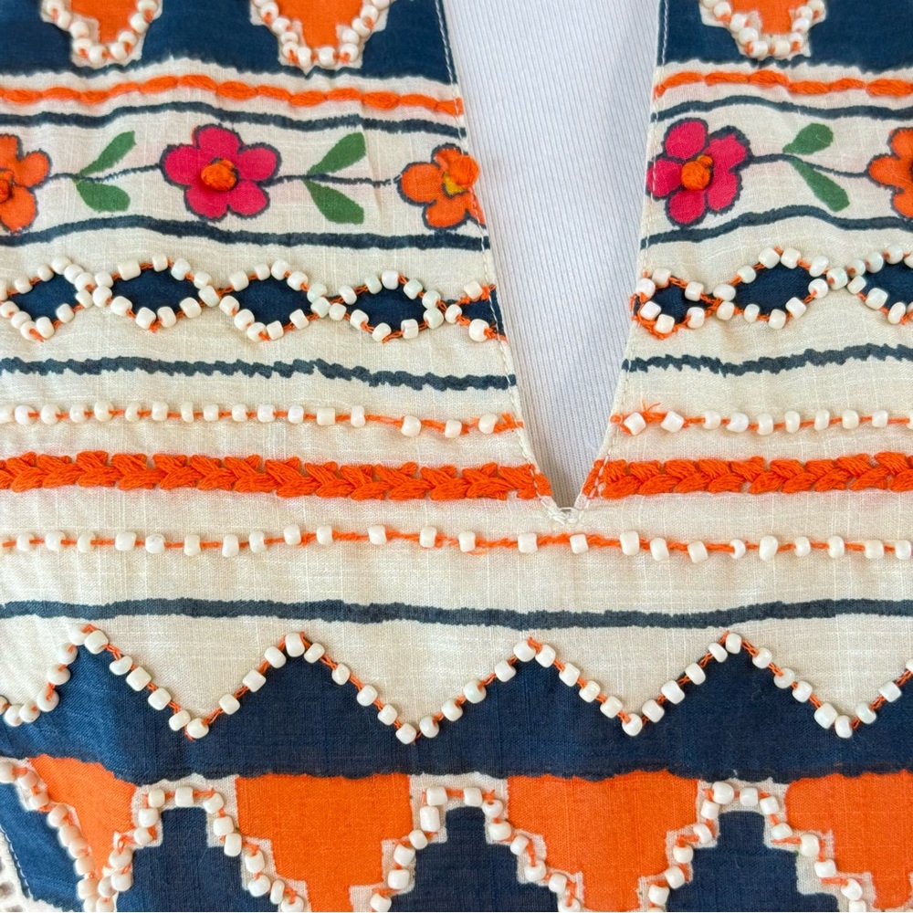 Sundance Zariah Orange Blue Cream Beaded Floral Print Blouse - Picture 7 of 16